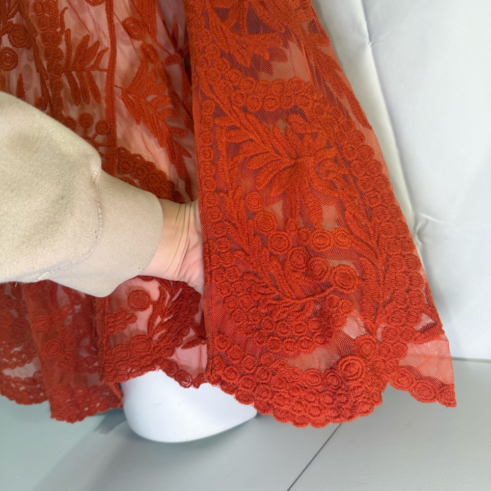 Umgee Burnt Orange Lace Sheer Boho Tunic Top Bell Sleeve M/L - Picture 7 of 11